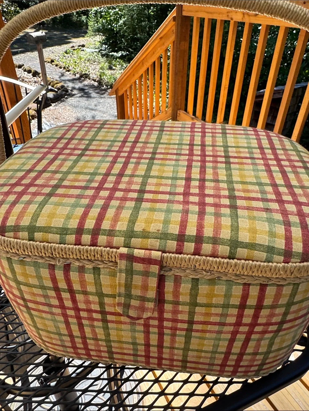 Vintage Plaid fabric Sewing Basket with Handle